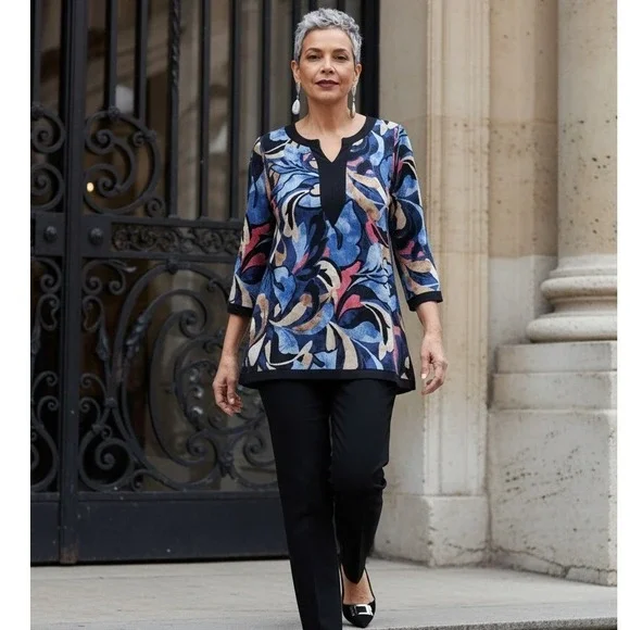 Chicos Travelers 3 Border Print Sit Neck Floral Slinky 3/4 Sleeve Tunic Top - Picture 1 of 9